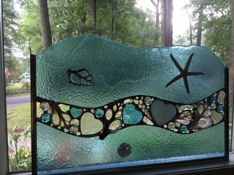 Ocean Stained Glass Panel With Wavy Glass and Sea Star - Etsy
