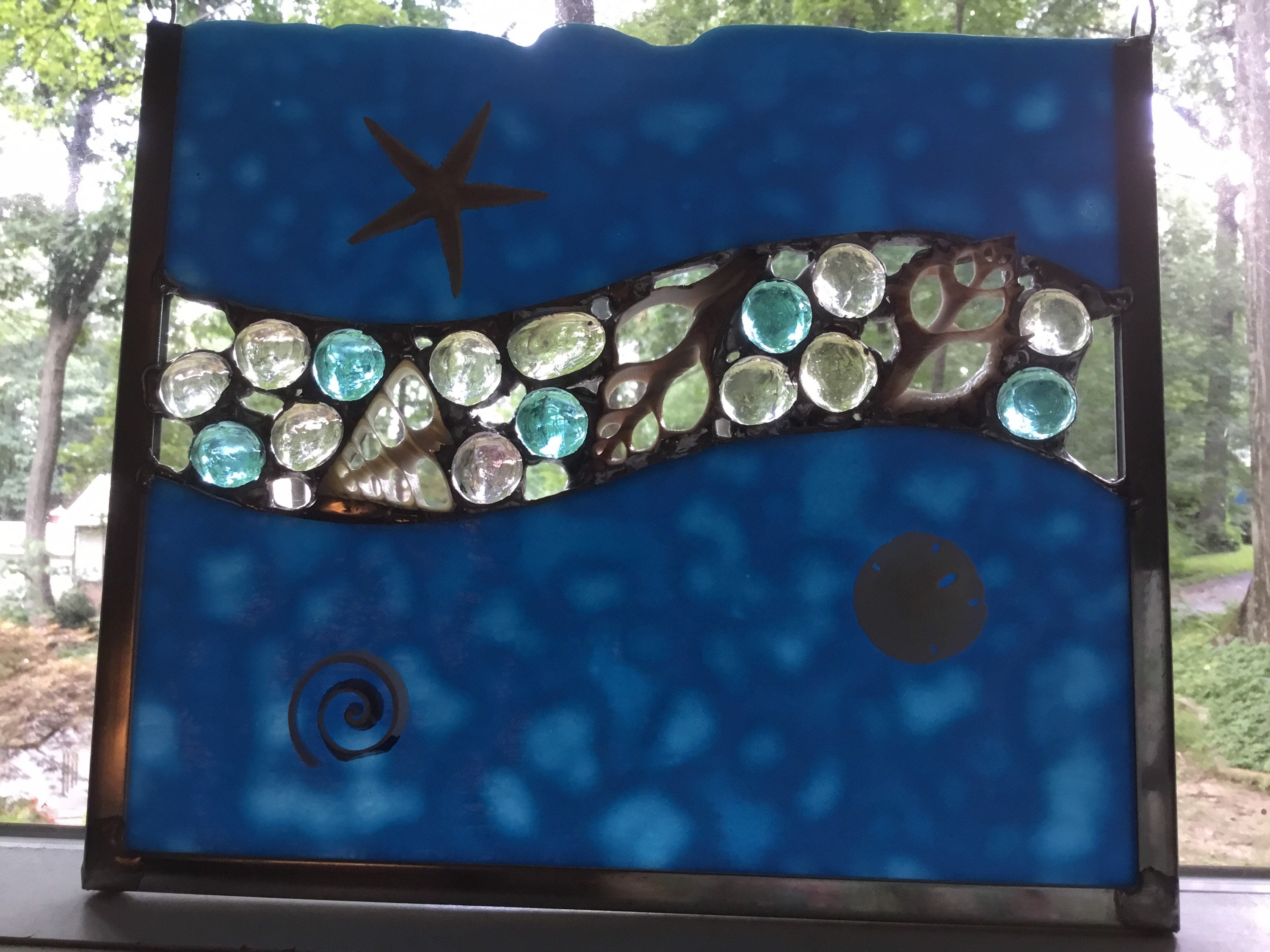 Ocean Stained Glass Panel With Wavy Glass and Cut Shells - Etsy