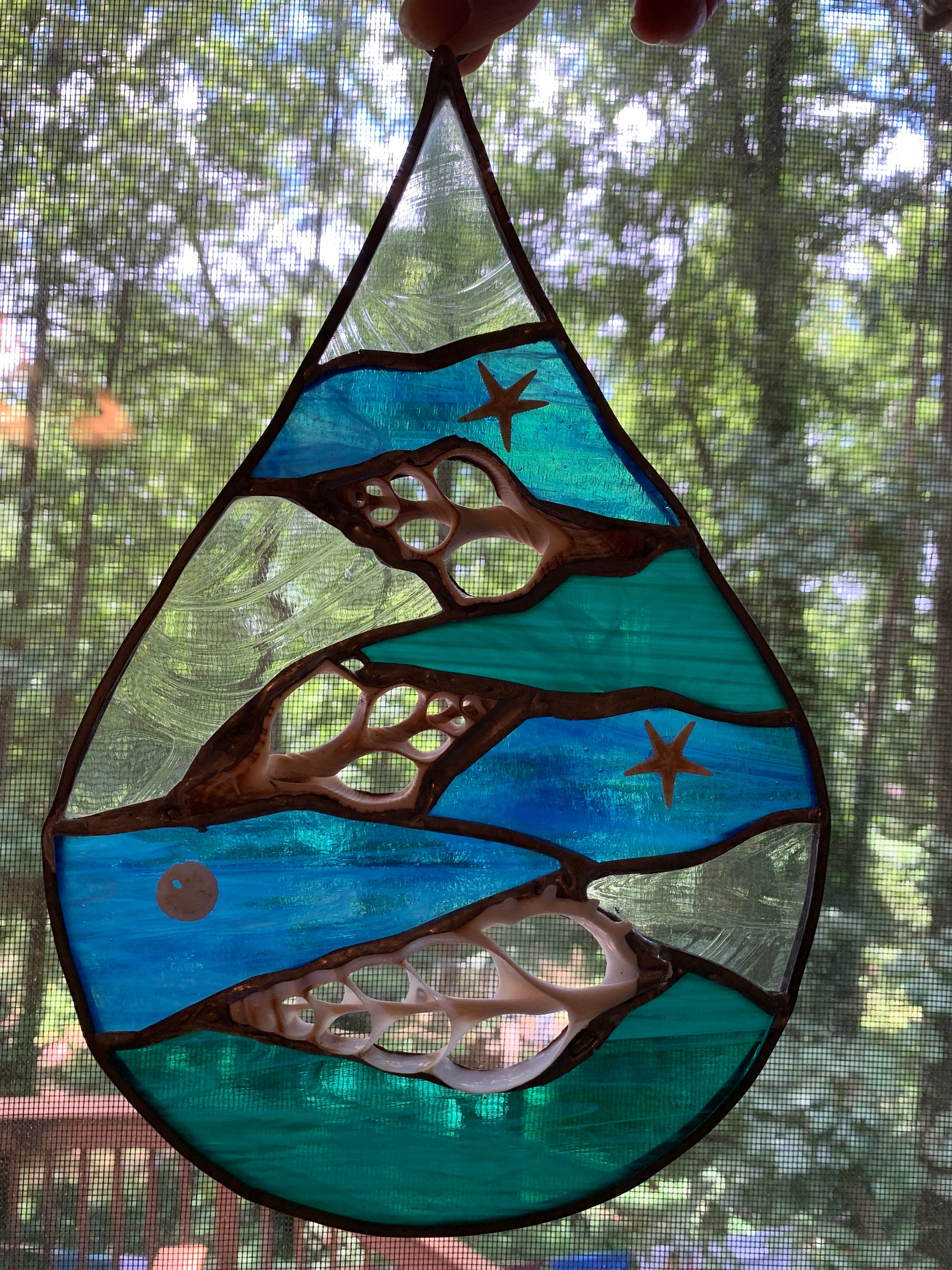 Stained Glass Water Drop Panel With Seashells - Etsy