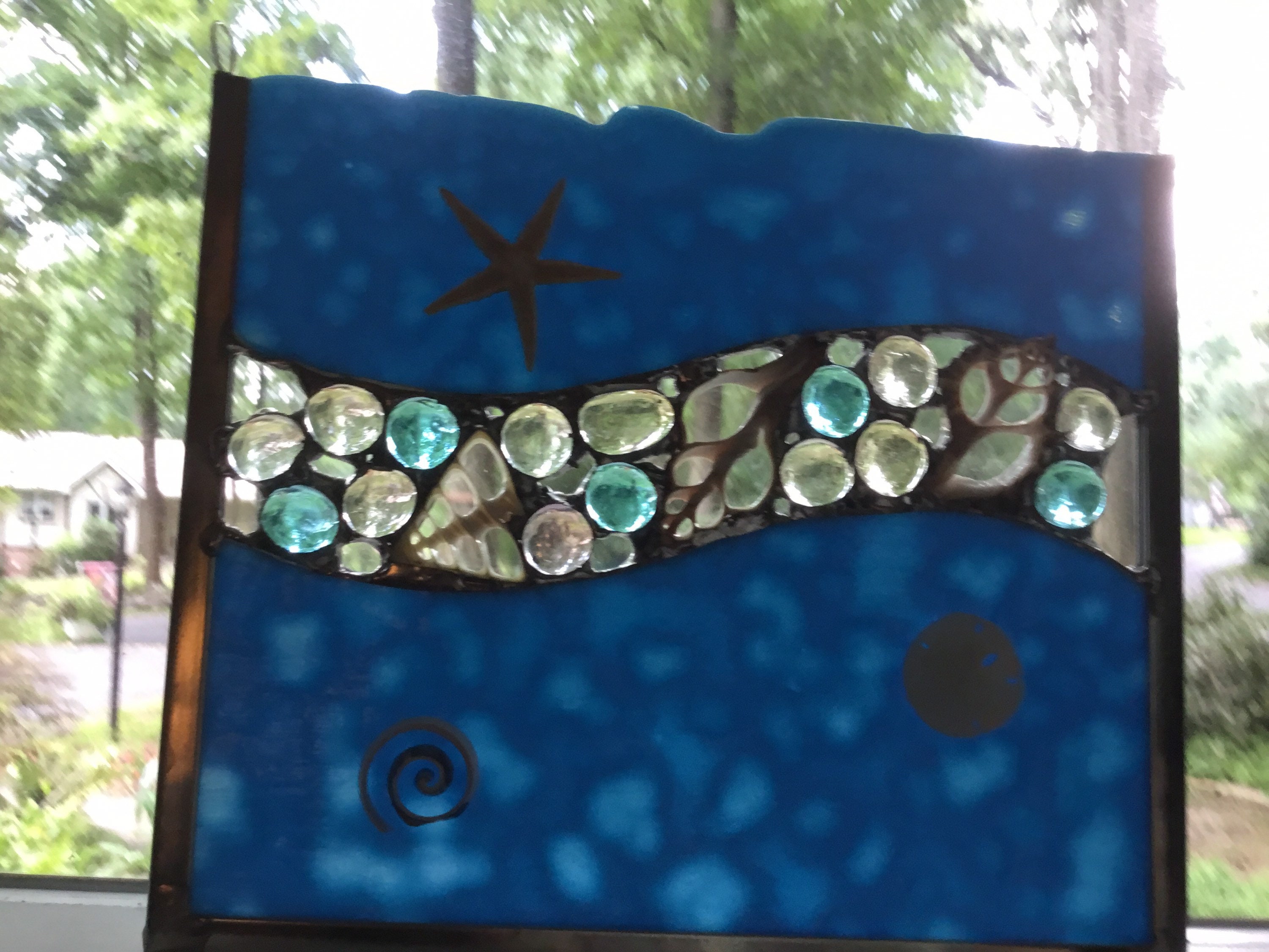 Ocean Stained Glass Panel With Wavy Glass and Cut Shells - Etsy