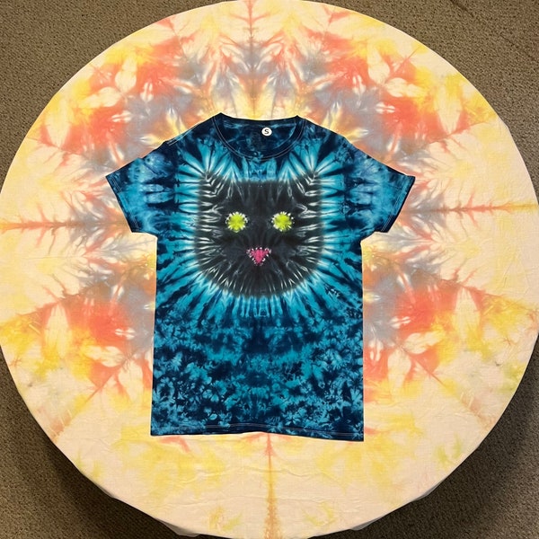 Tie Dye T-Shirt - Small Adult - Cat Butt - Blue with Black Cat