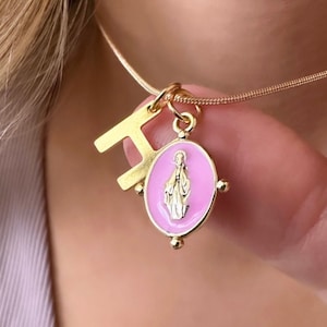 Tiny Virgin Mary Necklace, Custom Letter Necklace, Gold Virgin Mary Necklace, Personalized Letter Necklace, Gold Initial Pendant Saint Medal