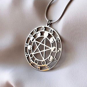 Round Zodiac Pendant Necklace, Moon Witch Necklace, Silver Pentacle Pendant Astrology Pendant Zodiac Wheel Necklace Silver Pentacle Necklace