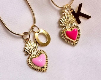 Small Sacred Heart Necklace Gold, Milagro Heart Pendant, Pink Milagro Heart, Gold Initial, Gold Sacred Heart Pendant, Flaming Heart Necklace