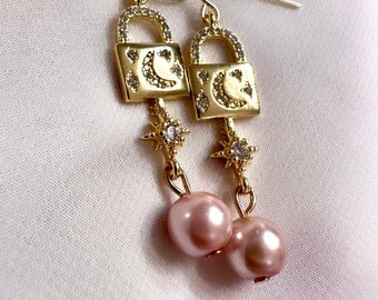 Gold Locket Earrings, 14K Gold Star And Moon Earrings, Pink Pearl Drop Earrings, Celestial Dangle Earrings, Gold Moon And North Star Earring
