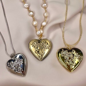 Gold Heart Locket Antique, Valentine&#39;s Day Necklace, Gold Heart Locket Necklace, Heart Locket Photo Necklace, Heart Locket Pearl Pendant