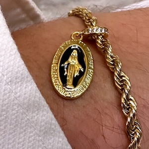 Virgin Mary Bracelet, Men&#39;s Religious Bracelet, Rope Chain Bracelet Adjustable, Saint Medal Bracelet, Stainless Steel Chain Bracelet
