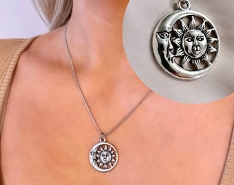 Silver Sun Moon Necklace, Moon Face Necklace, Sun Face Necklace, Silver Celestial Jewelry, Celestial Pendant, Tarot Necklace, Sun Moon Face