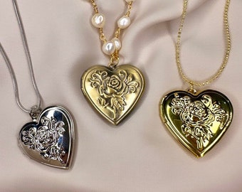 Gold Heart Locket Antique, Valentine's Day Necklace, Gold Heart Locket Necklace, Heart Locket Photo Necklace, Heart Locket Pearl Pendant