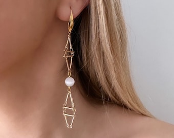 Long Gold Dangle Earrings, Gold Geometric Earrings, Cat Eye Earrings, Bridal Boho Earrings, Boho Dangle Earrings Gold, Vacation Earrings