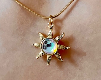 Gold Sun Pendant Necklace, Holographic Sun Necklace, Stainless Sun Pendant, Sun Charm Pendant, Celestial Charm Necklace Gold, Summer Jewelry