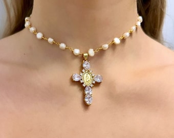 Pearl Cross Necklace For Women, Gold Filled Cross Necklace, 18K Gold Cross Necklace, Cz Cross Pendant, Chunky Cross Pendant Real Pearl Cross