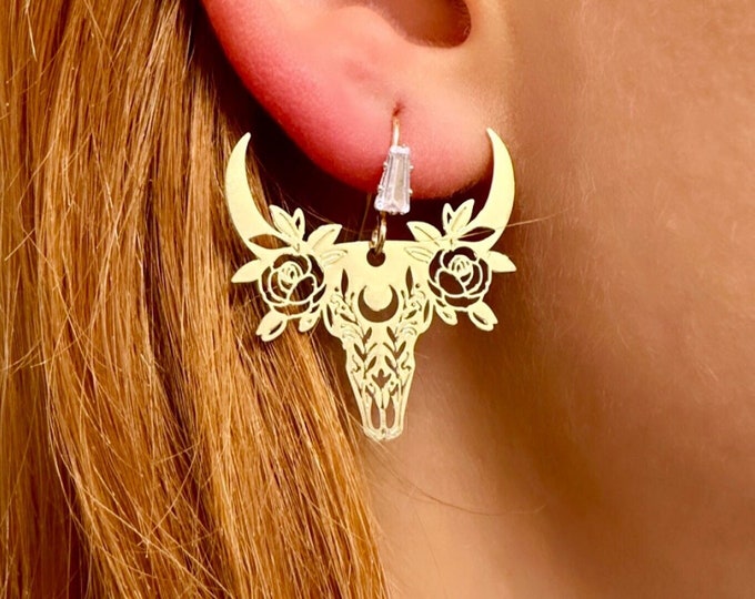 Boho Western Earrings, Bull Skull Earrings, Western Earrings Dangle, Cow Earrings Gold, Cowgirl Earrings, Animal Skull Earrings, Cz Earrings