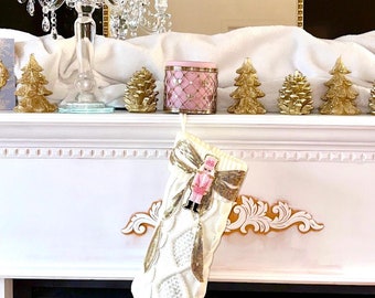 Pink Nutcracker Stocking, Nutcracker Christmas Stockings, White Knit Christmas Stockings, Bow Christmas Stocking, Sequin Christmas Stocking