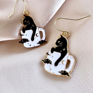Halloween Black Cat Dangle Earrings, Coffee Mug Earrings, Witchy Celestial Earrings, Black Cat Jewelry Gift For Cat Lover