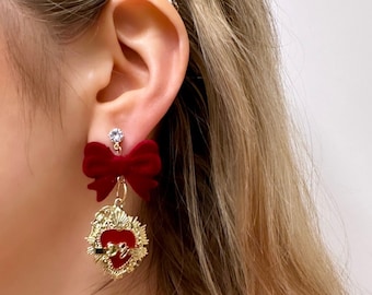 Red Sacred Heart Earrings, Red Bow Earrings, Sacred Heart Dangle Earrings, Milagro Earrings, Ex Voto Earring, Statement Heart Earrings