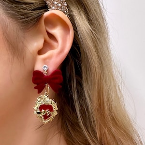 Red Sacred Heart Earrings, Red Bow Earrings, Sacred Heart Dangle Earrings, Milagro Earrings, Ex Voto Earring, Statement Heart Earrings