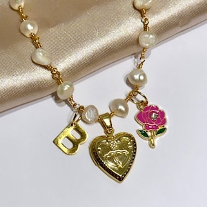 Collier pour la Saint-Valentin, collier médaillon coeur avec lettre, médaillon coeur en or personnalisé, collier médaillon de perles coeur, collier médaillon personnalisé