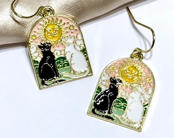 Black And White Cat Earrings, Tarot Cat Earrings, Valentine Cat Earrings, Cat Earrings Handmade, Cat Earrings Dangle, The Lovers Tarot Card