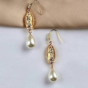 Our Lady Of Guadalupe Earrings, Virgin Mary Gold Earrings, Pearl Teardrop Earrings, Baptism Earrings, Religious Earrings, Religious Gifts