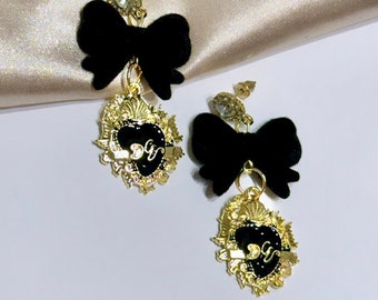 Velvet Bow Earrings, Black Heart Earrings, Sacred Heart Earrings, Heart Bow Earrings, Valentine's Heart Earrings, Black Bow Earrings
