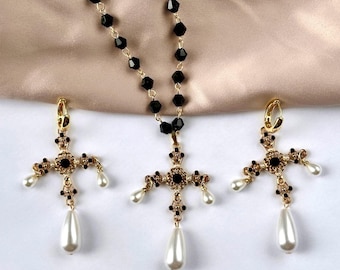 Renaissance Cross Necklace, Tudor Necklace, Renaissance Earrings, Halloween Jewelry Set, Renaissance Jewelry For Women, Medieval Jewelry