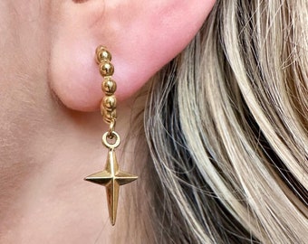 North Star Hoop Earrings, North Star Dangle Earring, North Star Gold Earring, Celestial Hoop Earrings, Non Tarnish Hoops, Stainless Hoops
