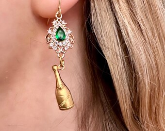 Gold Champagne Bottle Earrings, Champagne Earrings Delicate, Bottle Dangly Earrings, Party Earrings For Women, Champagne Jewellery