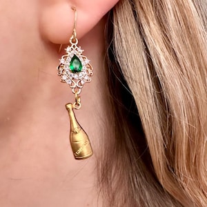 Gold Champagne Bottle Earrings, Champagne Earrings Delicate, Bottle Dangly Earrings, Party Earrings For Women, Champagne Jewellery