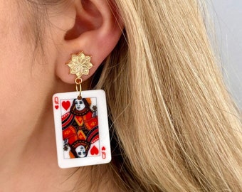 Queen Of Heart Earrings, Casino Earrings, Playing Card Earrings, Queen Of Hearts Jewelry, Queen Of Hearts Costume, Acrylic Dangle Earrings