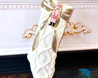 Pink Nutcracker Stocking, Nutcracker Christmas Stockings, White Knit Christmas Stockings, Bow Christmas Stocking, Sequin Christmas Stocking
