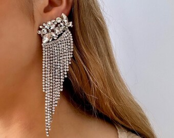 Rhinestone Waterfall Earrings, Statement Bridal Earrings, Wedding Earrings For Brides, Dangle Earcuff, Large Ear Climber, Prom Earrings