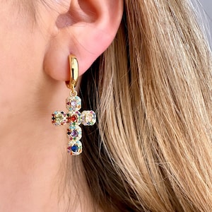 Cross Hoop Drop Earrings, Easter Cross Earrings, Cz Cross Earrings, Easter Hoop Earrings, 18K Cross Earrings, Baptism Earrings, Easter Gift