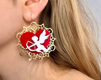 Cupid Earrings, Gold Angel Earrings, Valentines Heart Earrings, Cupid Bow And Arrow, Valentines Earrings Acrylic, Art Nouveau Earrings