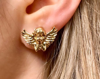 Cherub Stud Earrings, Gold Cherub Earrings, Cupid Earrings, Valentine's Earrings, Gold Angel Earrings, Art Nouveau Earrings, Antique Studs