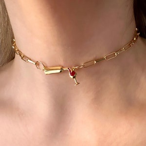 Wine Bottle Necklace, Wine Glass Necklace Woman, Wine Lover Necklace, Red Wine Lover Gift, Paperclip Choker, Valentine Necklace Gift