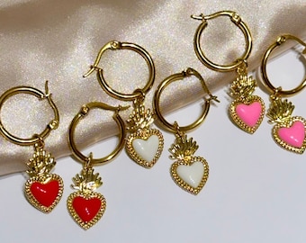 Enamel Sacred Heart Earrings, Sacred Heart Hoop Earrings, Ex Voto Earring, Sacred Heart Hoops, Flaming Heart Earrings Gold, Milagro Earrings