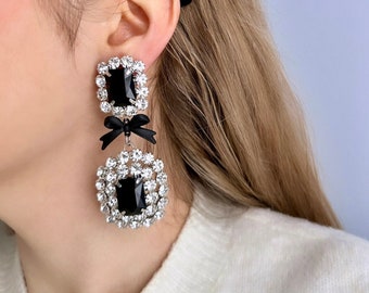 Black Rhinestone Earrings, Black Bow Earrings, Chunky Rhinestone Drop Earrings, Formal Black Earrings, Black Statement Victorian Earrings