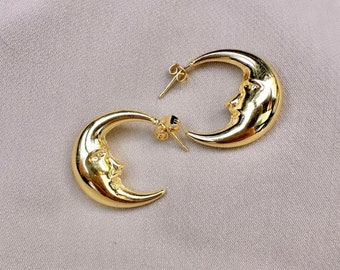 Gold Crescent Hoops, Moon Earrings, Thin Hoop Earrings, Celestial
