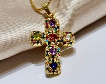 18K Gold Cross Necklace, Renaissance Cross Necklace, Multicolor Pendant Necklace, Gold Filled Cross Necklace For Women, Medieval Cross