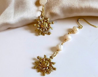 Pearl Sun Earrings, Gold Sun Earrings, Sun Face Earrings, Freshwater Pearl Earrings 14K Gold, Celestial Earrings, Real Pearl Earrings Drop