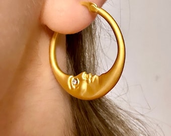 Pendientes de aro lunar - Aros lunares - Aros de oro de 14K - Boda celestial