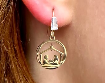 Christmas Nativity Earrings, Gold Nativity Earrings, Nativity Scene Earrings, Christmas Dangle Earrings Laser Gold Filled Christmas Earrings