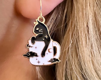 Black Cat Earrings, Coffee Earrings, Cat Dangle Earrings, Witchy Earrings, Cute Cat Earrings