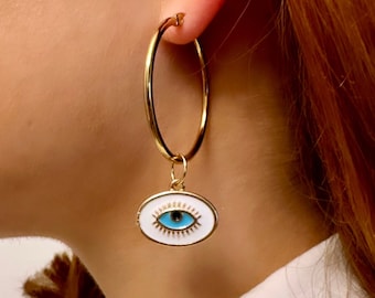 Boze oog-oorringen, gouden boze oog-oorbellen, boze oog email oorbellen, boze oog-bescherming oorbellen, grote boze oog oorbellen, roestvrij