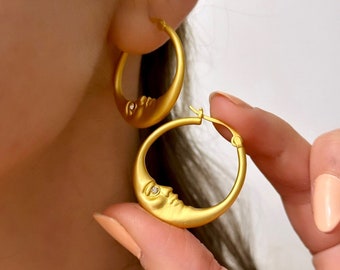 Gold Crescent Hoops, Moon Earrings, Thin Hoop Earrings, Celestial Earrings, Moon Hoop Earrings, Moon Star Earrings, Planet Earrings