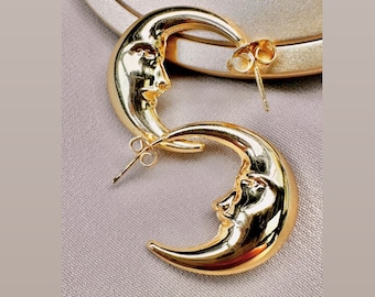 Planet Earrings, Moon Hoop Earrings, Small Gold Hoops, Moon Star Earrings, Sun Earrings, Y2K Earrings, Gold Plated Hoops, Moon Hoops