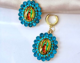 Our Lady Of Guadalupe Earrings, Virgin Mary Earrings, Mexican Earrings, Religious Earrings, Catholic Earrings, Blue Statement Earrings
