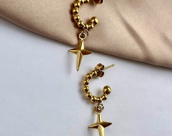 North Star Hoop Earrings, North Star Dangle Earring, North Star Gold Earring, Celestial Hoop Earrings, Non Tarnish Hoops, Stainless Hoops