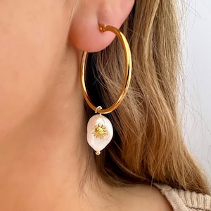 Pearl Dangle Hoop Earrings, Sun Hoop Earrings, Pearl Charm Hoops, Gold Sun Hoop Earrings, Freshwater Pearl Earrings Drop, Gold Plated Hoops
